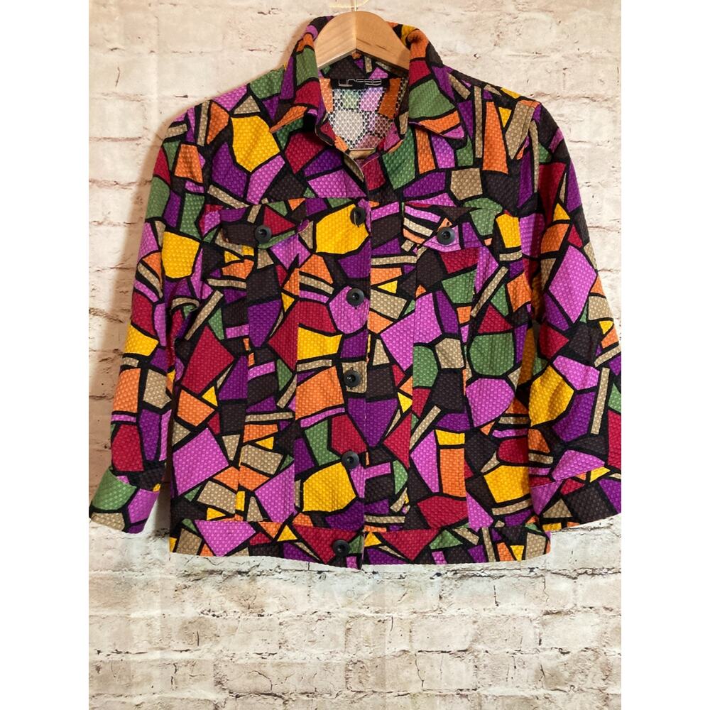 Linear Artsy Jacket Womens Small Colorful Art To Wear Mosaic Printed Lightweight